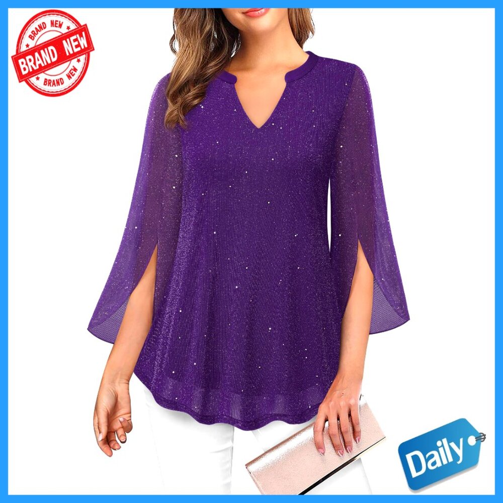 Floral Mesh Tunic Blouse 3/4 Sleeve V Neck Double Layer Loose Fit